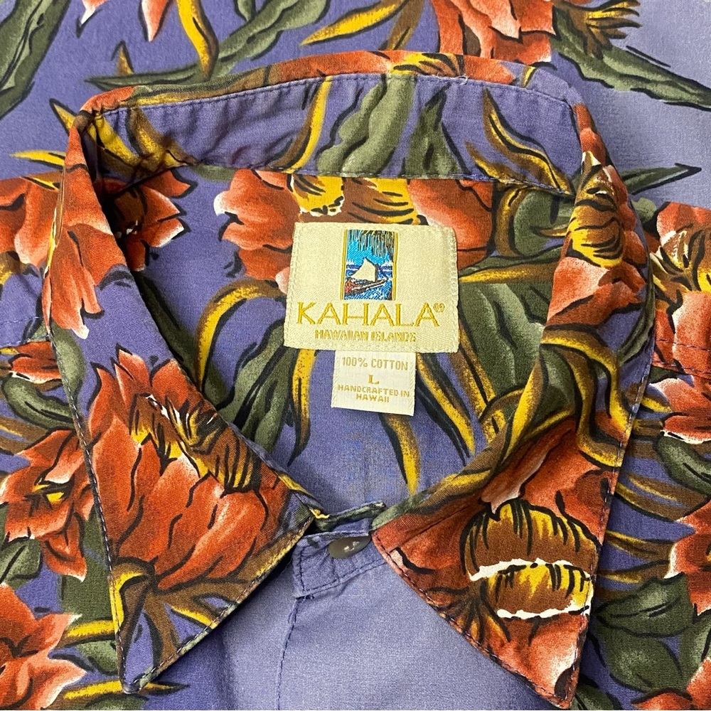 Kahala Hawaiian Aloha Shirt Men Large Purple Blue Floral Short Sleeve Tropical